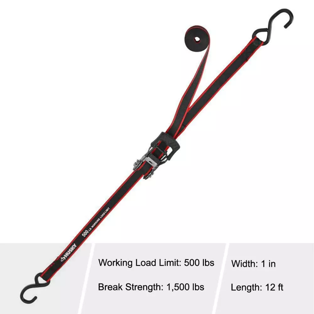 Husky 12 ft. x 1 in. Ratchet Tie-Down Straps with S-Hook (4-Pack) - Image 3