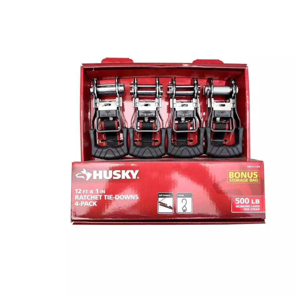 Husky 12 ft. x 1 in. Ratchet Tie-Down Straps with S-Hook (4-Pack)